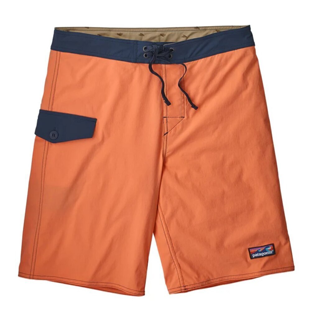 Patagonia Mens 31 Orange Patchwork Stretch Wavefarer Boardshorts Swim Surf Short